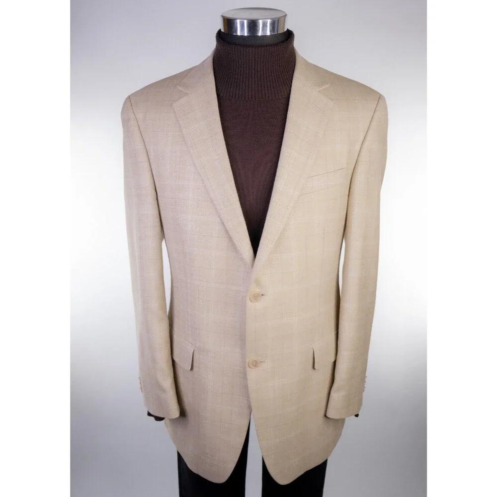 Michael Kors Silk/Wool Blend Sport Coat Blazer 42R Beige Check 2-Button Jacket